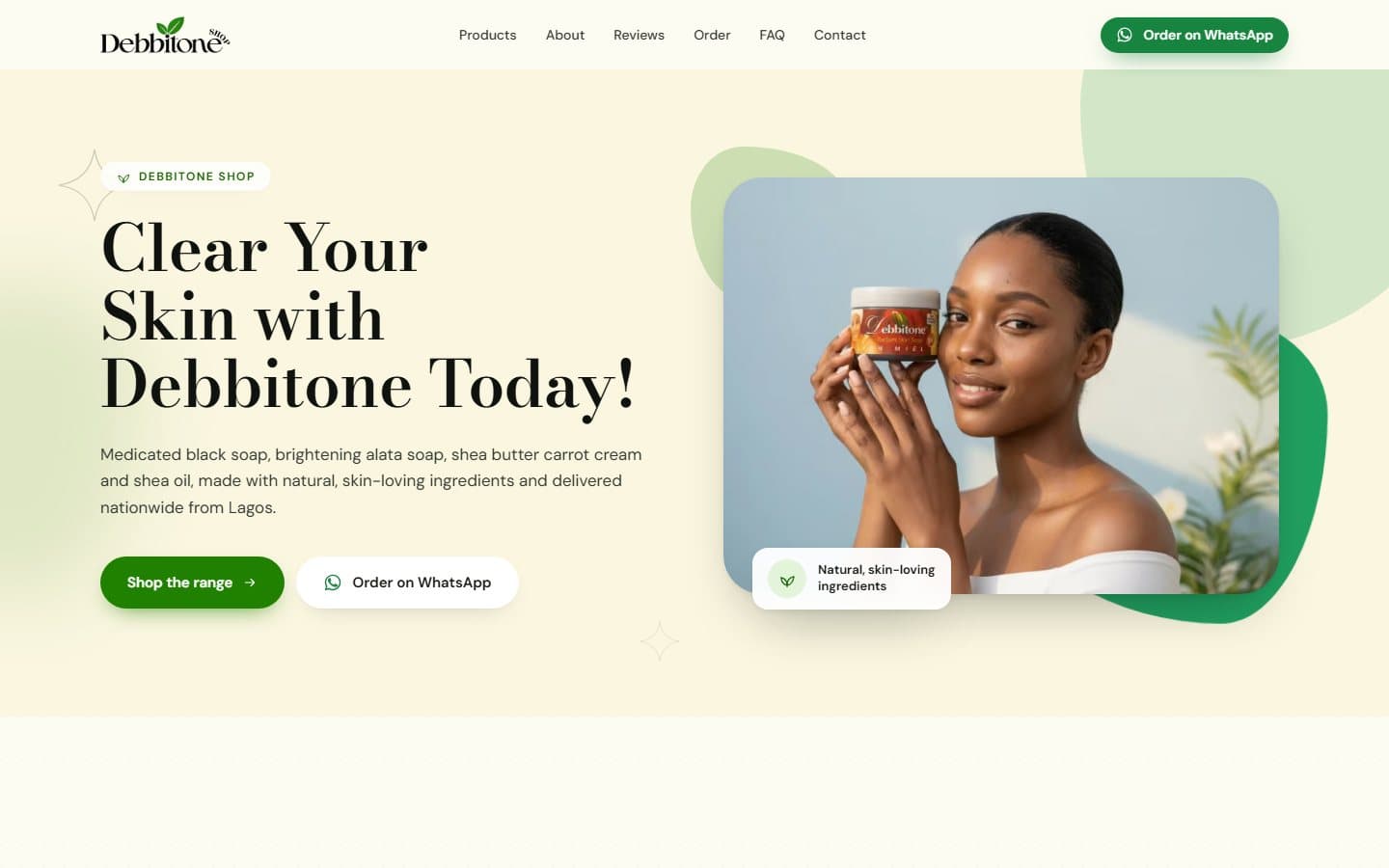 The Debbitone Shop home page, showing its skincare range