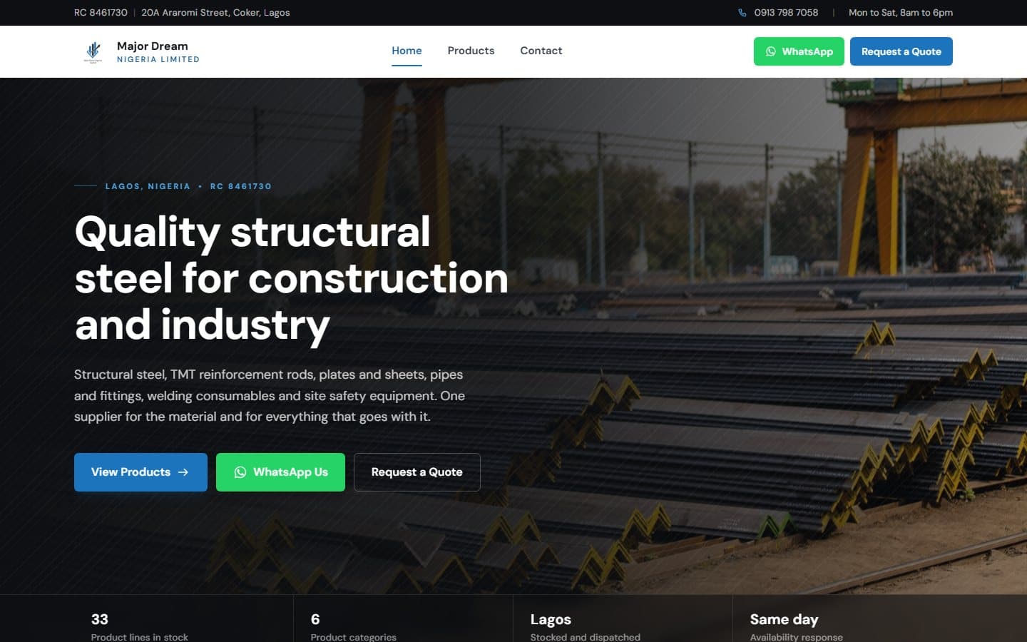 The Major Dream home page, showing structural steel products